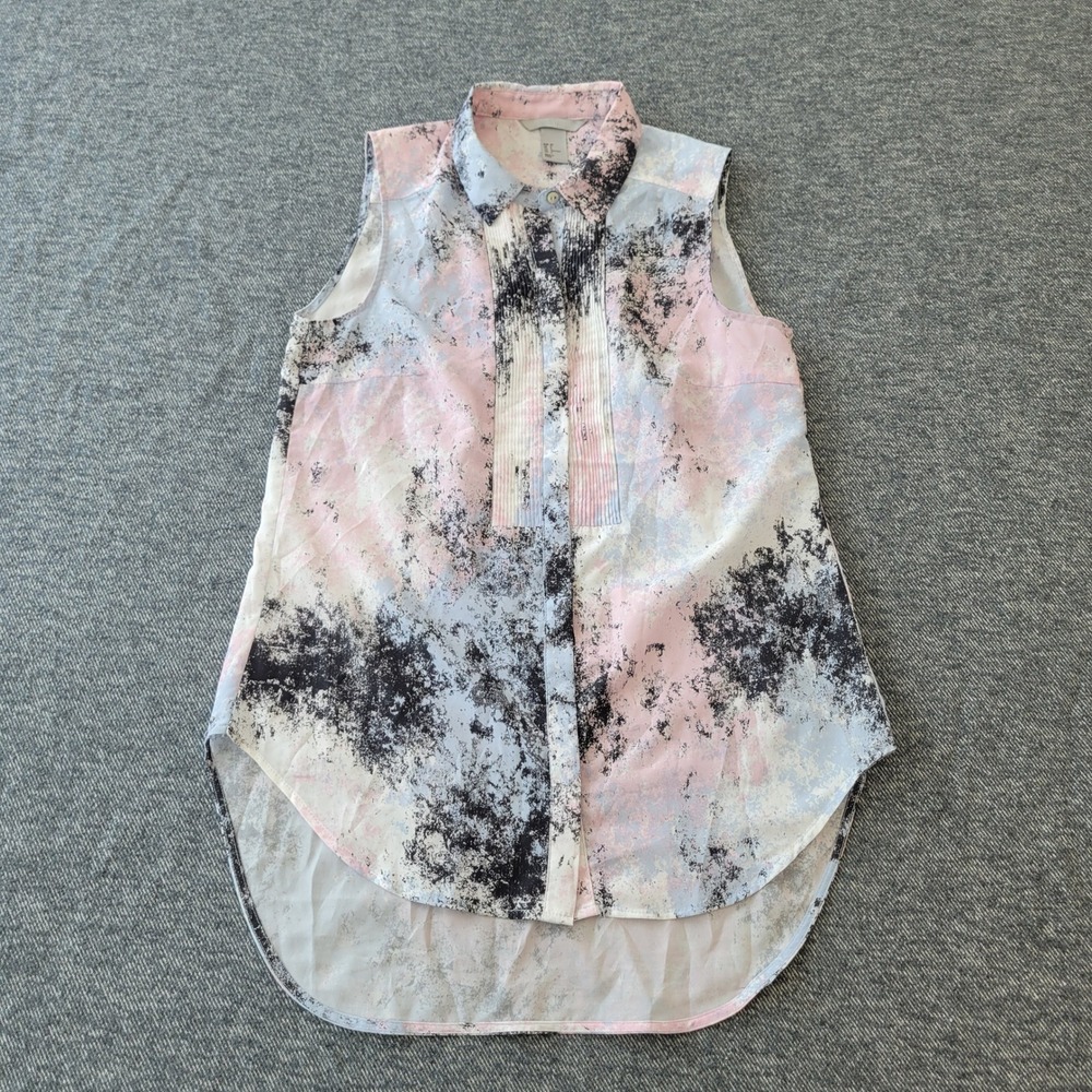 H&M Sleeveless Blouse Women 2 Pink Blue Excellent Abstract Pleated High Low Hem